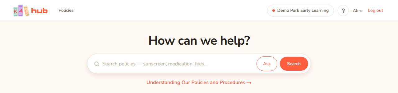 The header for a parent: the Policies tab only, the centre name and the account area with Log out.